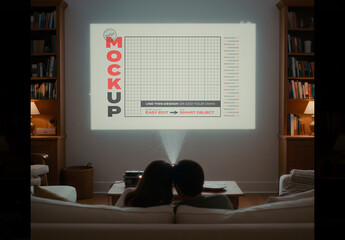 Young Couple Watching Projector Screen Movie on Living Room Mockup