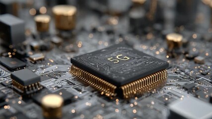 Detailed Close-Up View of a 5G Microchip on a Complex Circuit Board, Highlighting the Intricate Connections and Modern Technology Behind Fifth Generation Wireless Communication. - Powered by Adobe