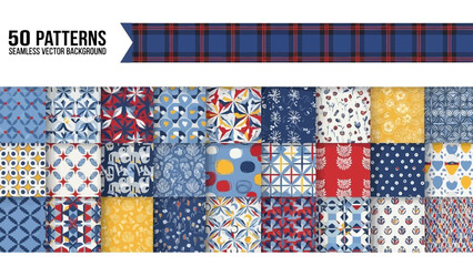 Collection of 50 seamless vector patterns for diverse design applications and backgrounds