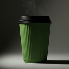 A green disposable paper coffee cup with a black lid and steam rising from it