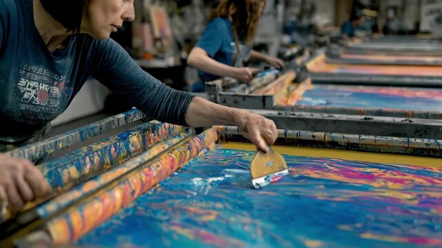 Medium shot of workers applying vibrant ink on large fabric banners using screen printing for event displays with detailed texture and vivid colors.