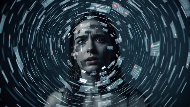 A woman overwhelmed by a dynamic vortex of artificial intelligence-driven data streams, reflecting the immersive digital landscape and information overload