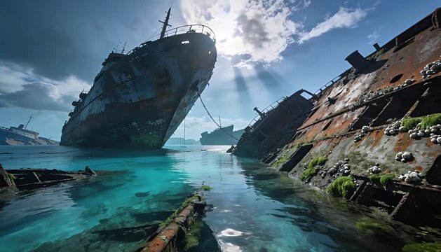 Explore a haunting graveyard of sunken ships in clear turquoise waters, abandoned vessels await discovery.