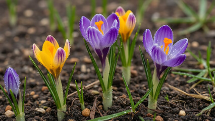 Vibrant purple and yellow crocus flowers blooming in a spring garden with fresh dew drops on petals.
