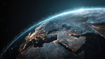 Earth at night glowing with network connections