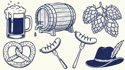 Hand drawn vintage style beer mug with foam wooden barrel dripping hop cones and grilled sausages on forks with traditional hat vector art