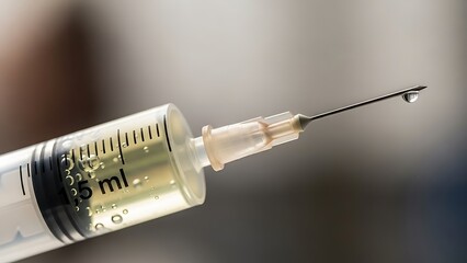 Close up of Medical Syringe with Yellow Liquid and Droplet on Needle Tip
