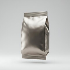 A shiny metallic foil snack or coffee pouch with horizontal ridges on top and bottom