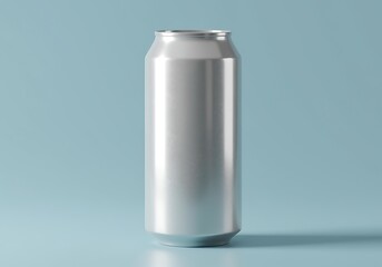 A silver aluminum soda can on a light blue background