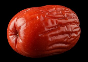 A shriveled red tomato with a glossy skin  close up