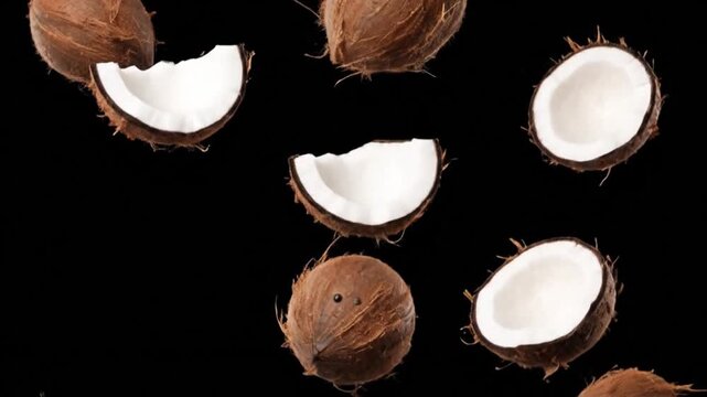 Coconuts falling against black background