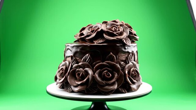 Isolated elegant photorealistic triple-layered chocolate rose cake spinning slowly on a smooth axis against a pure chroma key green screen background clean plate, background removal, isolation
