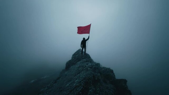 A solitary figure stands atop a rocky peak, boldly waving a red flag against a backdrop of misty, obscured mountains and enveloping fog, symbolizing triumph and determination.