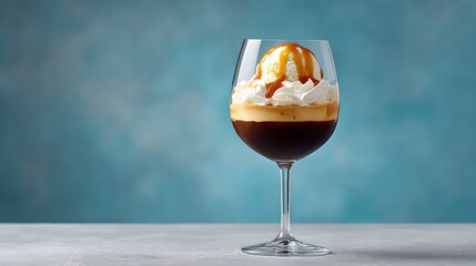Elegant wine glass filled with rich dessert beverage topped with caramel sauce and indulgent sweetness, perfect for celebration and luxury dining