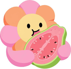 Cute cartoon flower character holding a vibrant pink guava slice