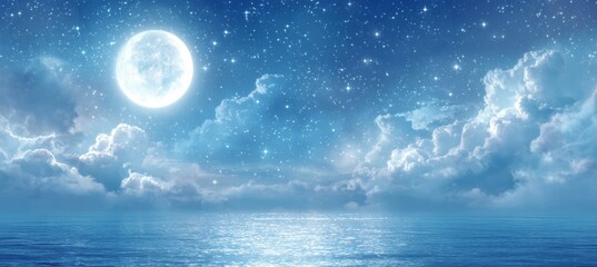 Night full moon with blue sky and sea panorama. Generative AI technology.