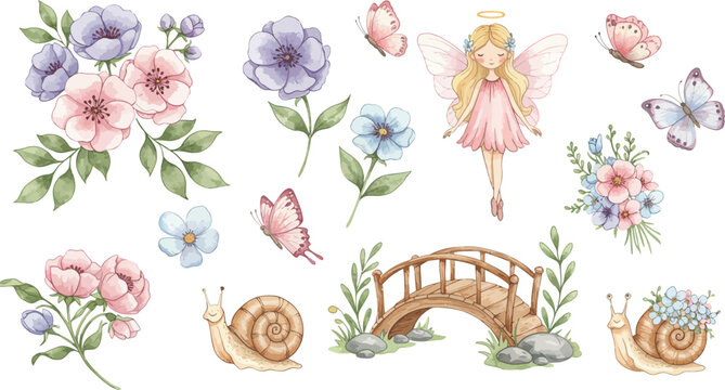 Whimsical floral illustrations with snails and bridge on white background