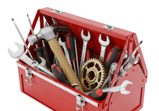 detailed product photo of an open vintage red metal cantilever toolbox showing a hammer, chrome spanners, screwdrivers, and a gear against a transparent background. concept of professional quality - Powered by Adobe