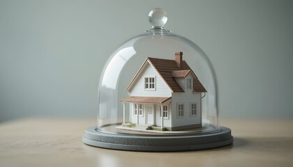  Close-up of a small house model protected under a transparent glass dome.