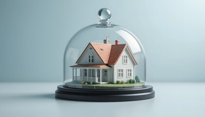  Close-up of a small house model protected under a transparent glass dome.