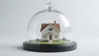  Close-up of a small house model protected under a transparent glass dome.
