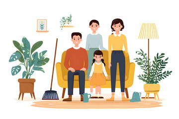 Happy Family in Cozy Home: An illustrated family gathered, radiating warmth and togetherness in their well-appointed home, with plants and decor adding to the inviting atmosphere.