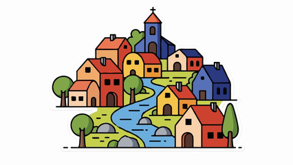 Fototapeta premium Colorful cartoon village illustration with houses, church, trees, and a winding river on green hills