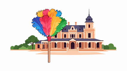 Colorful feather duster before an ornate brick building © Sera