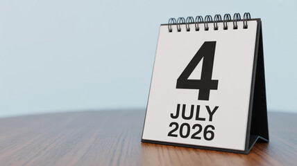 Modern minimalist standing desk calendar with bold black July 4, 2026 typography on white page, spiral bound, dark wooden desk, soft cinematic lighting, shallow focus.
