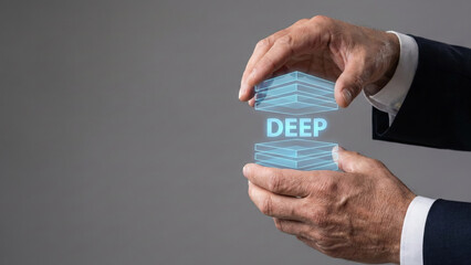 Deep data high level planning concept hologram glows between mature male hand business strategy foresight future vision