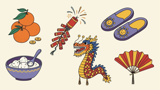 Colorful flat design chinese new year elements including dragon head firecrackers oranges slippers fan and sweet rice balls in bowl