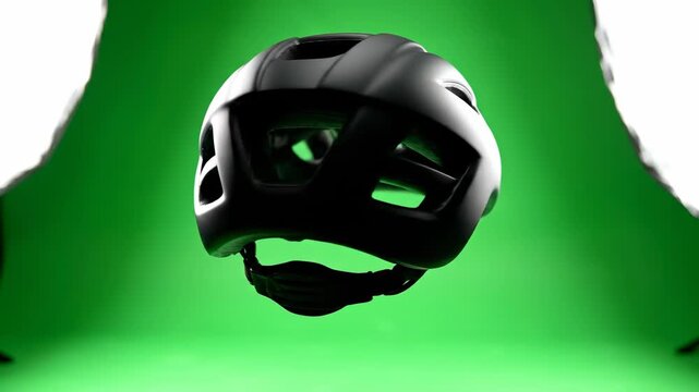 Isolated green screen utility shot of a generic black sports helmet slowly turning and gliding forward ready for compositing and visual effects application apparel, silhouette, abstract
