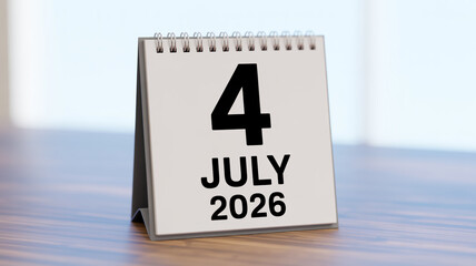 Modern minimalist standing desk calendar with bold black July 4, 2026 typography on white page, spiral bound, dark wooden desk, soft cinematic lighting, shallow focus.