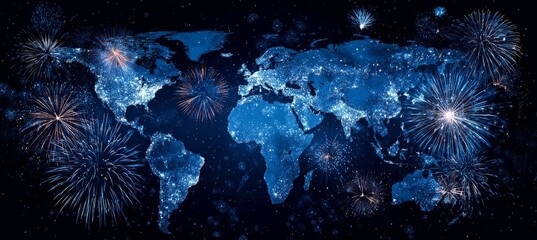 World map on blue light with firework effect. Global earth atlas. Generative AI technology.	
