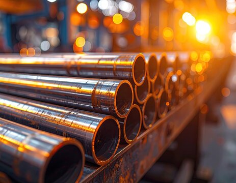 Metal pipes in industrial setting, bathed in warm, out-of-focus light