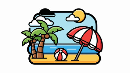 Colorful illustration of a tropical beach with palm trees, a red and white umbrella, and a beach ball under a sunny sky