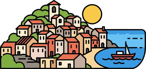 Colorful illustration of a sun-drenched coastal village with houses climbing a hill and a sailboat on blue water