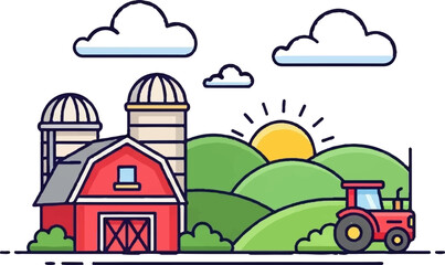 Colorful illustration of a vibrant farm scene with a red barn, silos, green hills, sun, clouds, and a tractor