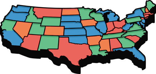 Colorful map of the United States divided into states with a 3D effect