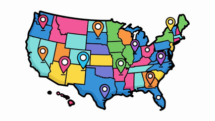 Colorful map of United States with location pins