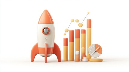 Rocket launch with business growth chart and clock