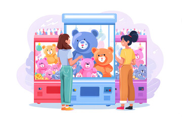 A Playful Arcade Moment: Two cheerful friends engage in playful fun, focused on a colorful claw machine filled with delightful teddy bears, filled with anticipation and excitement.