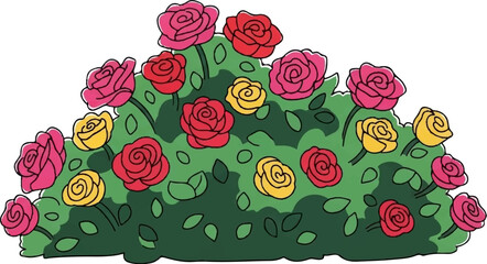 Colorful rose bush with red, pink, and yellow blooms against a dark green backdrop with scattered leaves