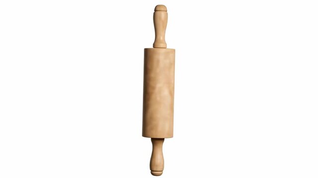Isolated professional wooden rolling pin spinning vertically in the air against a bright white studio background ideal for compositing utensil, rolling pin, Isolated
