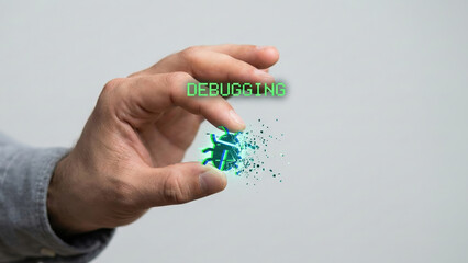 Debugging high level planning concept with broken digital bug icon between fingers in soft light background