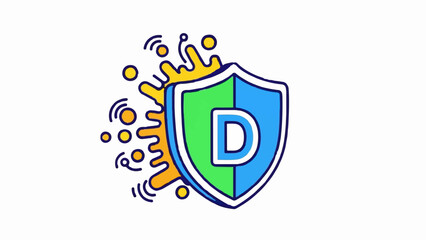 Colorful shield emblem with a yellow splash and letter D