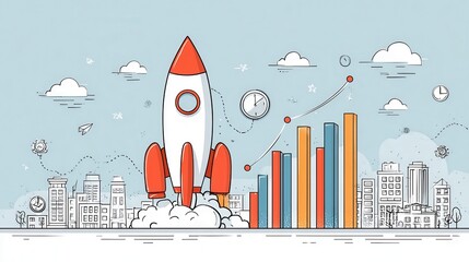 Rocket launch with business growth graph and city