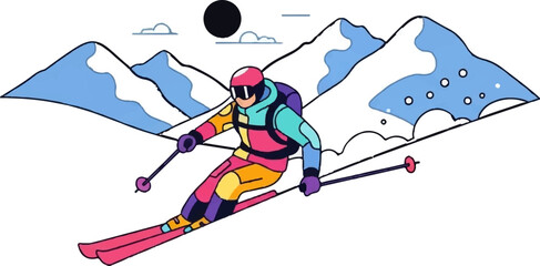 Colorful skier navigates snowy mountains under a dark sun and scattered clouds