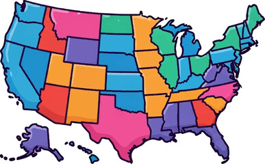 Colorful, simplified map of the United States, including Alaska and Hawaii, with states in varied hues