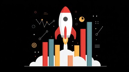 Rocket launch with financial charts and graph